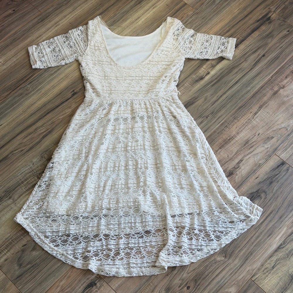 Boho Fairy Coquette Ivory Lace High Low Dress Half Sleeve Fit Flare Small